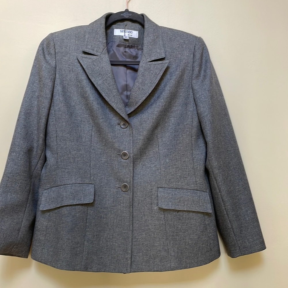 Petite light gray suit, three buttons, softly lined with two pockets